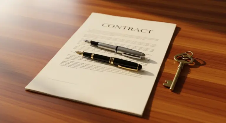 A contract document with two fountain pens and a key on a wooden table