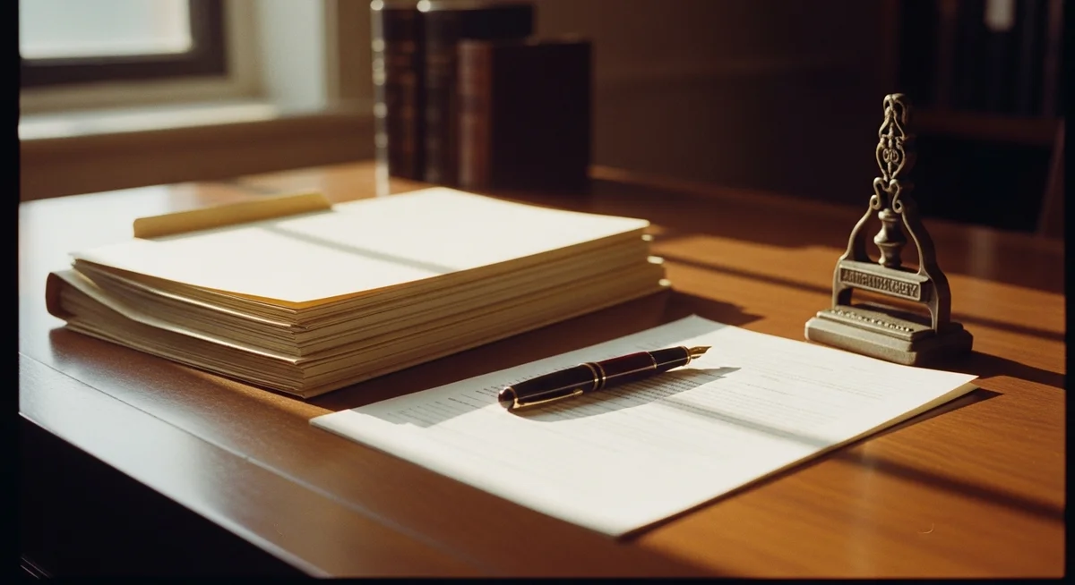 An orderly office desk with a folder of documents, a pen, and a notary stamp, bathed in warm light.
