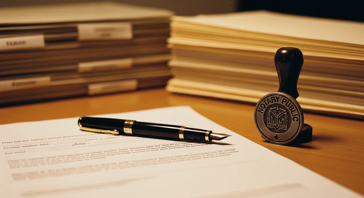 A close-up of a legal document with a pen and a notary stamp on an office desk, suggesting a professional process.