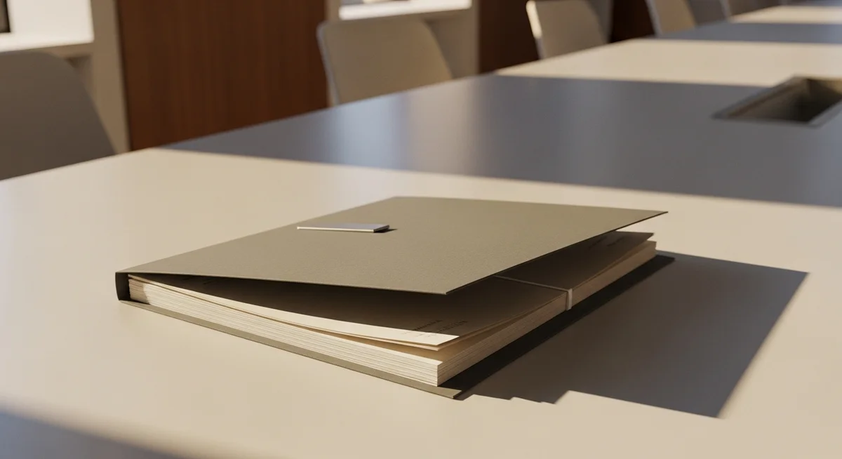 A minimalist folder of papers neatly arranged on a modern desk in a calm office setting.