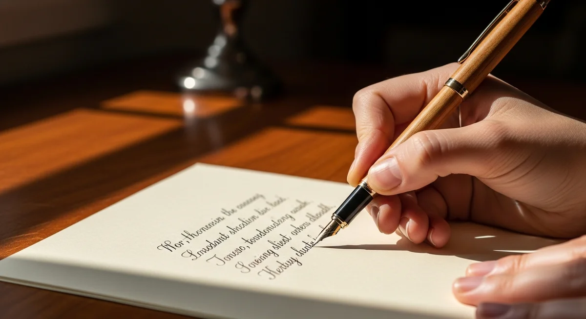 A person's hand writing with a pen on a piece of paper on a warm wooden desk.