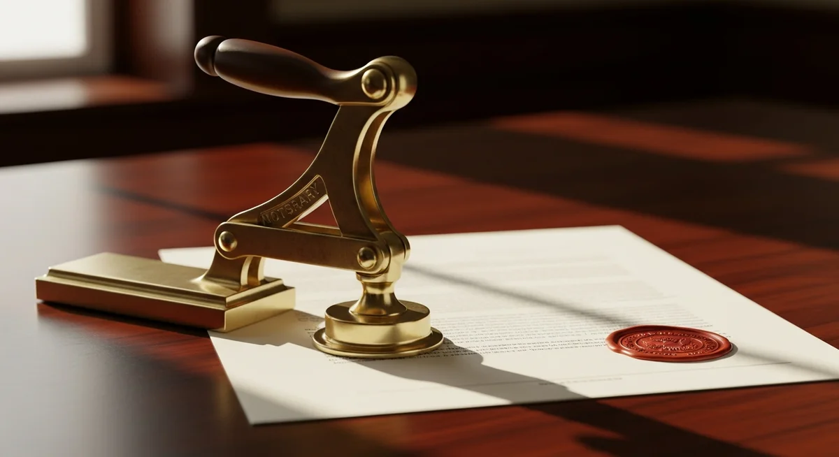 A brass notary embosser resting on an official document on a polished dark wood desk.