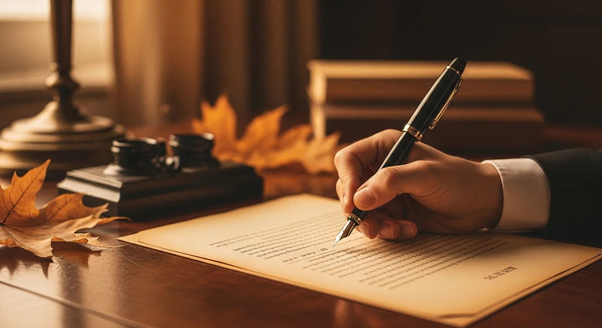 A close-up of a fountain pen poised over a legal document on an orderly desk, in muted warm tones.