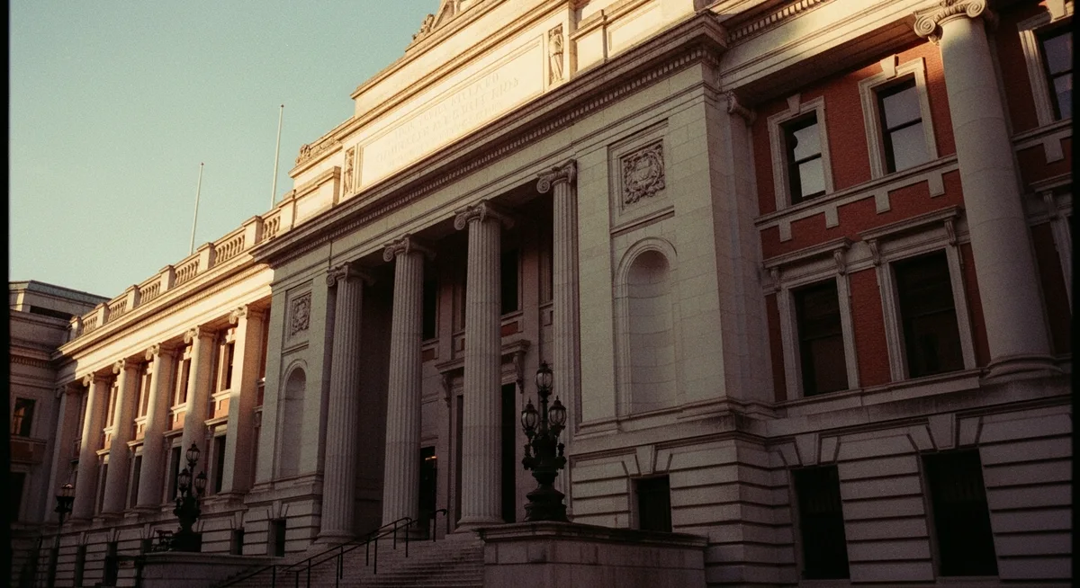 The imposing exterior of a civic building or courthouse, suggesting official legal processes.