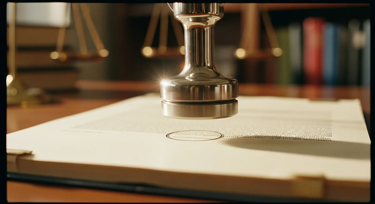 An official notary embosser pressing onto a legal document, symbolizing a court judgment in an eviction case.