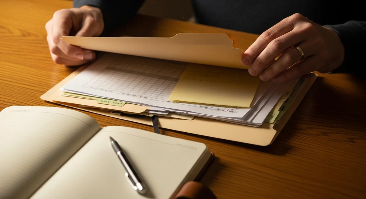 Hands opening a manila folder with financial documents and a pen on a desk, representing a tenant exploring options and rights.