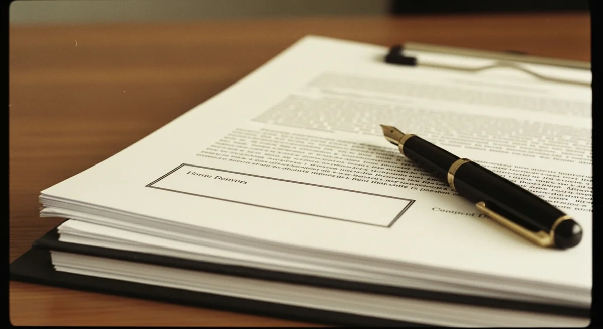 Stack of legal documents with a fountain pen on a wooden desk, symbolizing the strict multi-step eviction procedure.