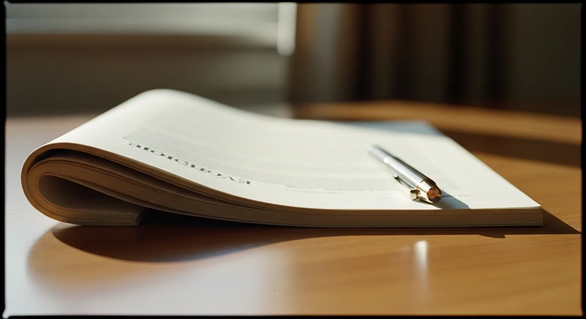 An organized desk with a legal document and a pen, suggesting the precise start of an eviction process.