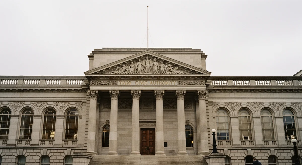 Exterior view of a grand, classic civic building.