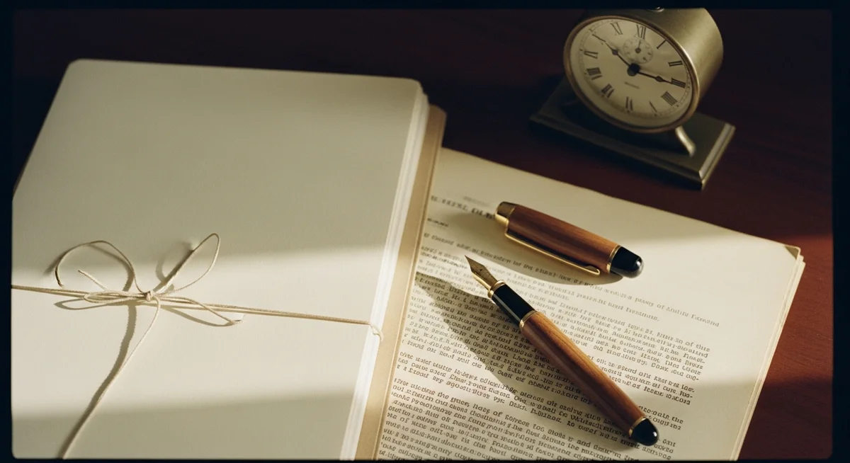 An orderly desk setup with a folder, documents, and a pen.