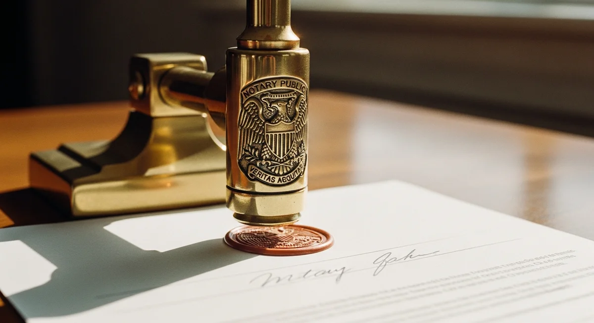 Close-up of a notary embosser creating a seal on a legal document.