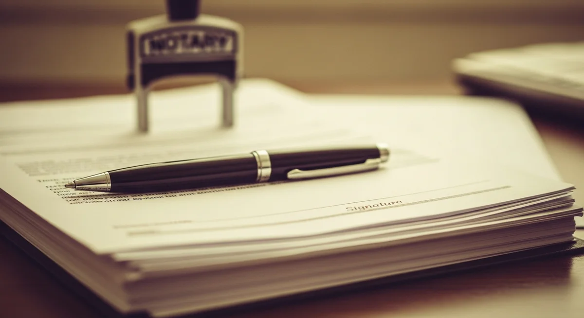 A pen on a stack of official business formation documents on an orderly desk, with a notary stamp in the soft background.