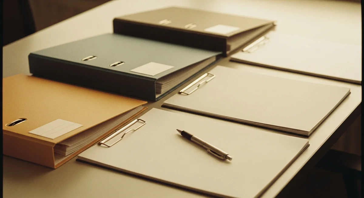 An orderly desk with several folders and a pen, suggesting financial planning or classification choices.
