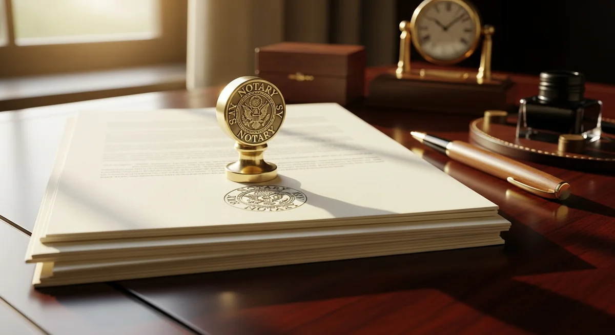 A brass notary seal on a stack of legal documents on a polished desk, symbolizing clear and officially validated payment terms.