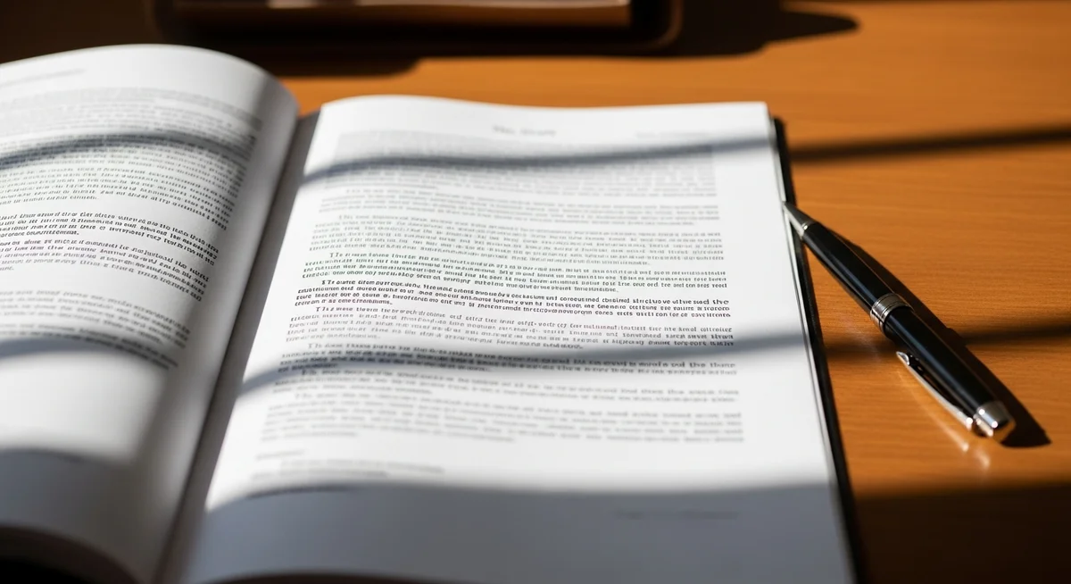 A close-up of a legal document and pen on a warm wooden desk, suggesting the methodical drafting of a contract.