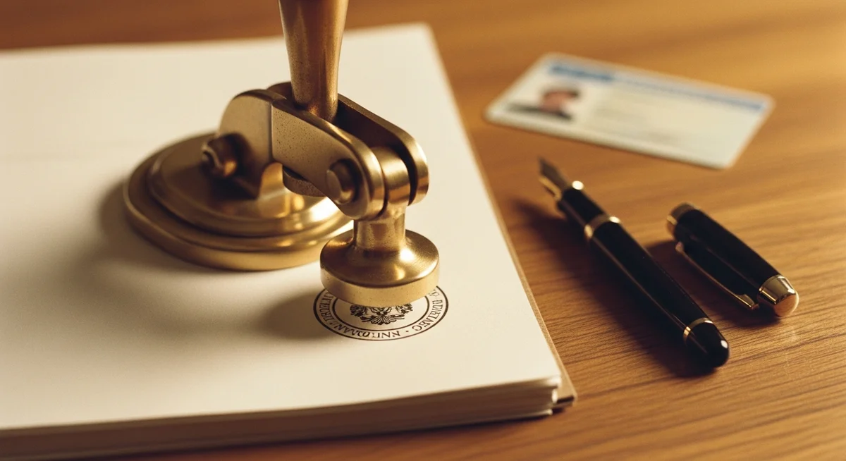 A close-up, high-angle shot of a vintage notary embosser pressing into documents on a warm wooden desk, with a fountain pen and a blurred ID card nearby, in a warm, nostalgic film style.