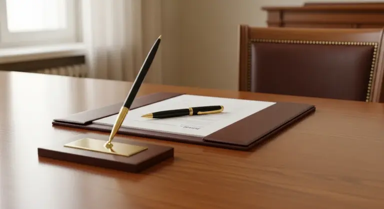 A desk set featuring a pen stand and a document on a leather desk pad in an office