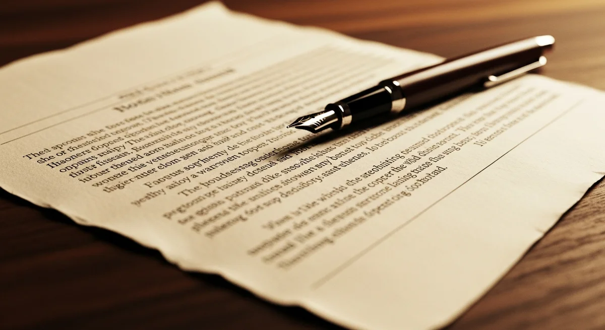 A vintage fountain pen rests beside an open, structured legal document on a warm desk, emphasizing internal rule-making.