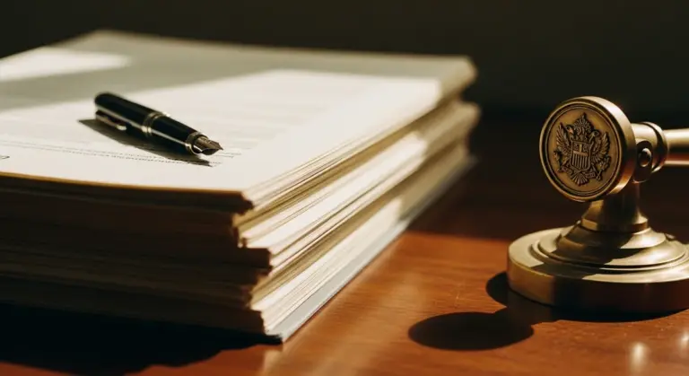 A stack of papers with a fountain pen rests on a desk beside an ornate metal seal stamp