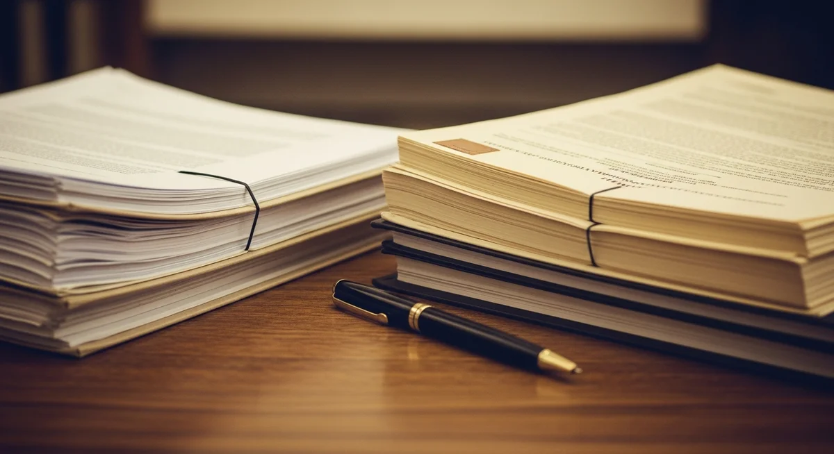 Two distinct stacks of legal documents, one appearing official and the other internal, on an orderly office desk with a vintage pen.
