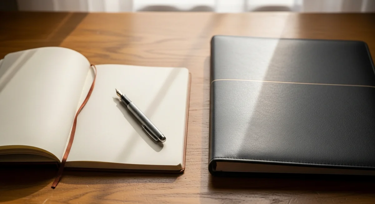 An orderly desk with an open notebook and pen on one side, and a professional legal folder on the other, symbolizing a business decision.