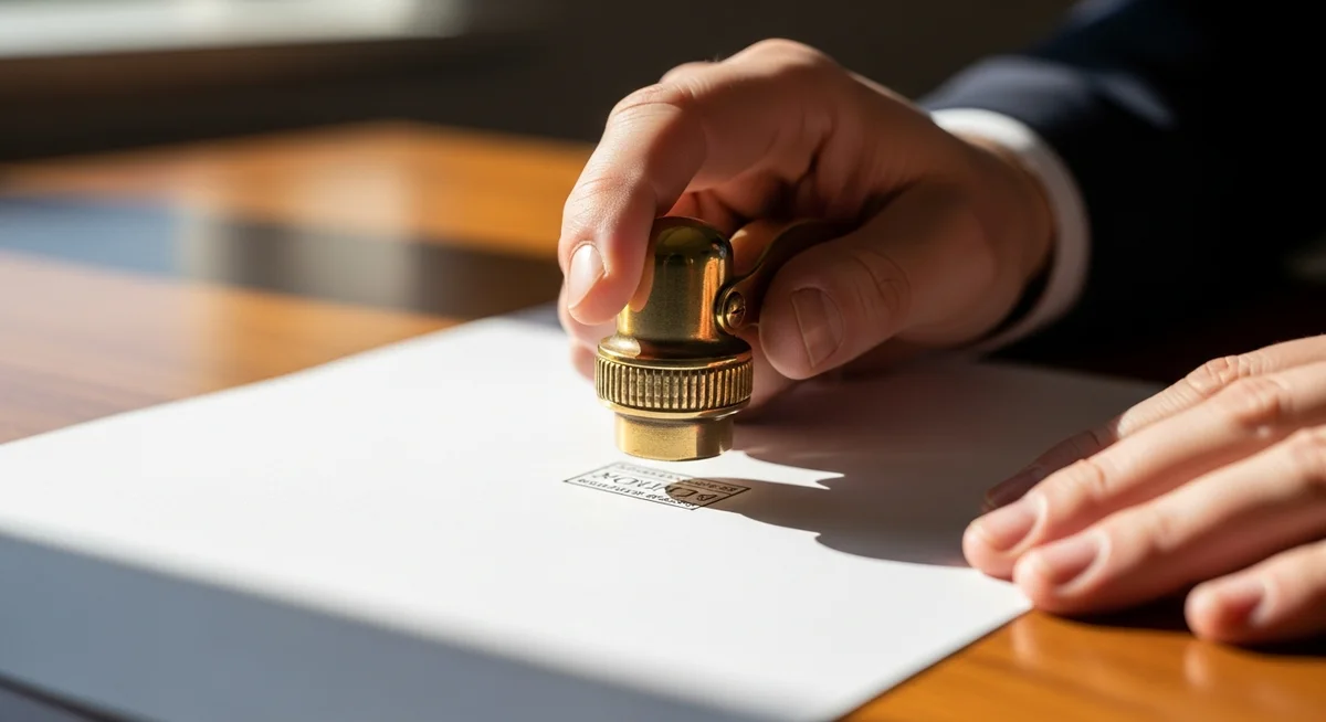 Close-up of a notary embosser pressing onto a legal document on a warm wooden desk, symbolizing official business registration.