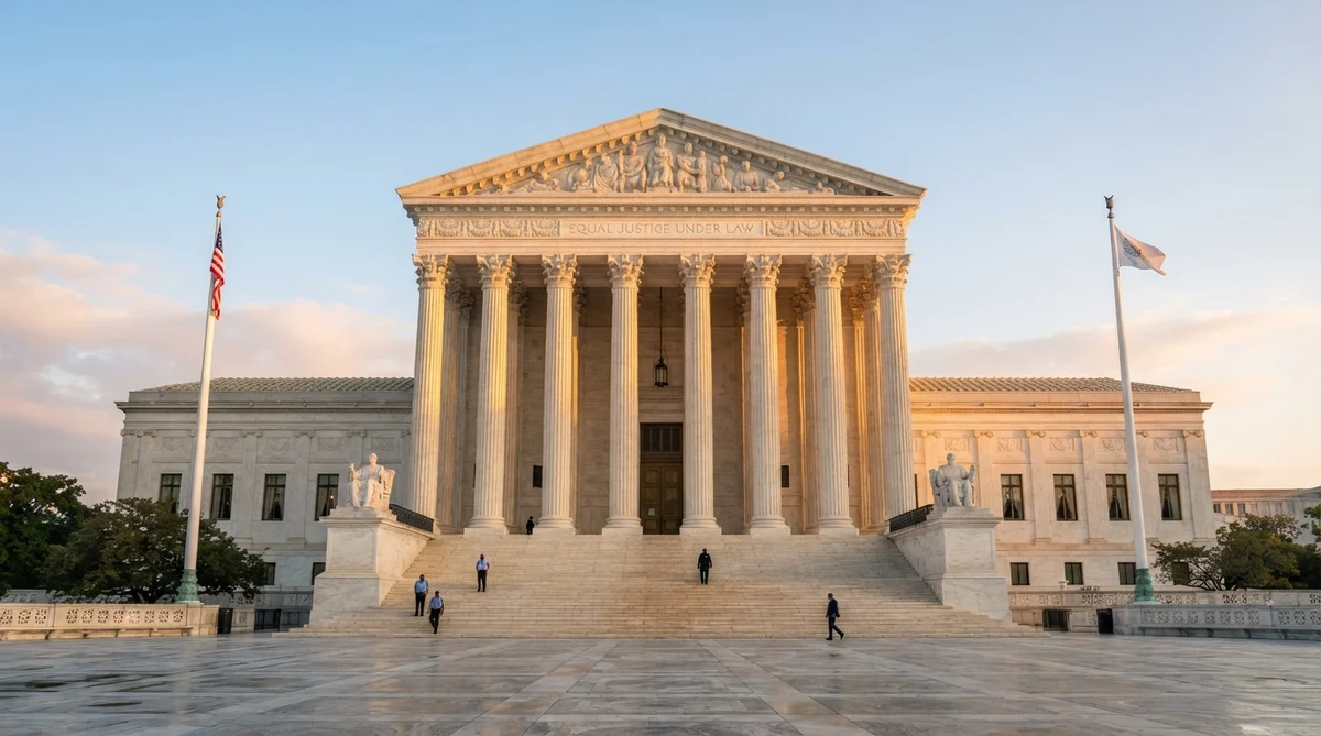 A grand, neoclassical US government building exterior at dawn, bathed in warm golden hour sunlight