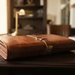 A substantial, closed legal folder made of rich, warm leather rests on an executive desk