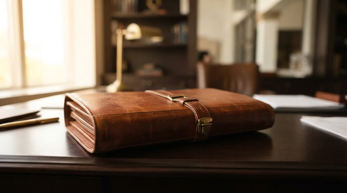 A substantial, closed legal folder made of rich, warm leather rests on an executive desk