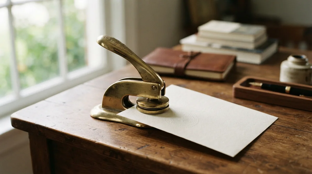An antique brass emboss sealer on a wooden desk with paper, a leather notebook, and writing utensils nearby