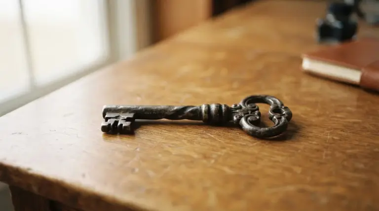 An antique iron key resting on a wooden table with a leather-bound journal in the background