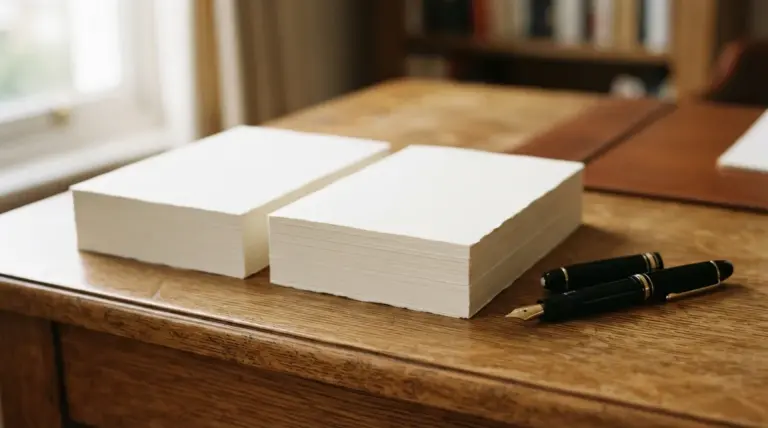 Two stacks of paper and a fountain pen rest on a wooden desk