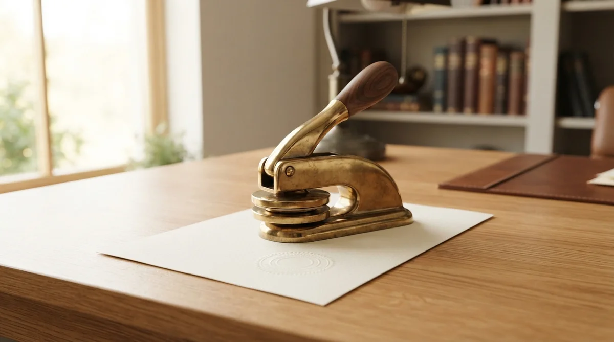 A brass notary seal sits on a piece of white paper on a wooden desk in a study