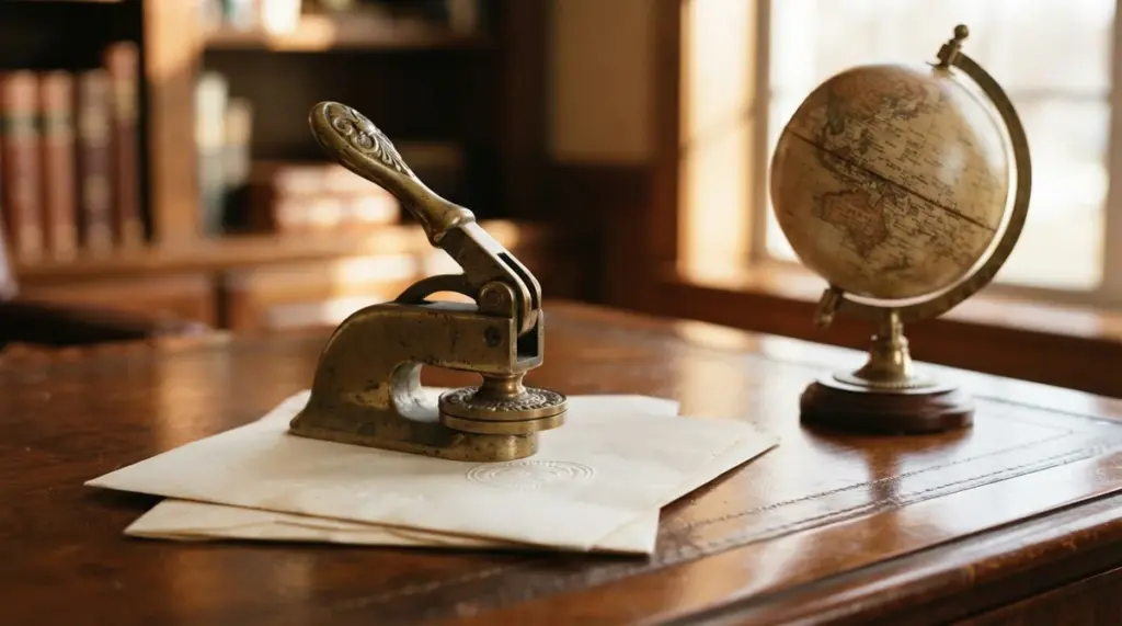 A brass embossing seal sits on a document next to a small antique globe on a wooden desk