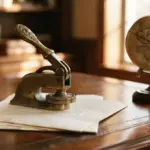 A brass embossing seal sits on a document next to a small antique globe on a wooden desk