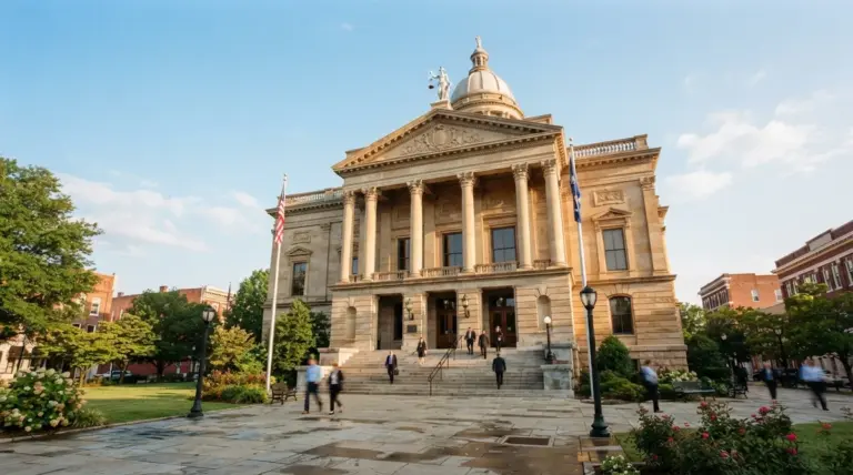 The Michigan State Capitol building with people walking on the steps and plaza under a clear blue sky