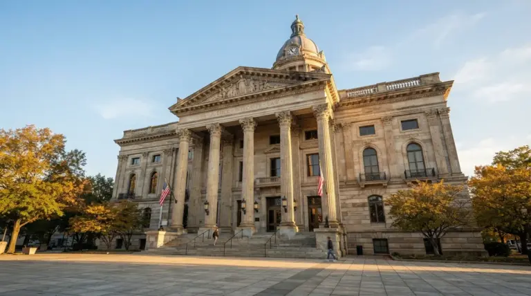The Tippecanoe County Courthouse features grand stone columns and a domed tower in an autumnal urban setting