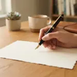 A poised hand holding a premium pen over a crisp, blank sheet of thick, cream-colored paper on an orderly, wooden office desk