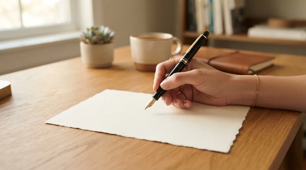 A poised hand holding a premium pen over a crisp, blank sheet of thick, cream-colored paper on an orderly, wooden office desk