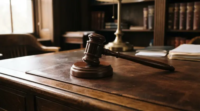 Wooden judge's gavel resting on a leather-topped desk in a library filled with books