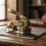 A brass manual embossing seal sits on a document atop a wooden desk near a window