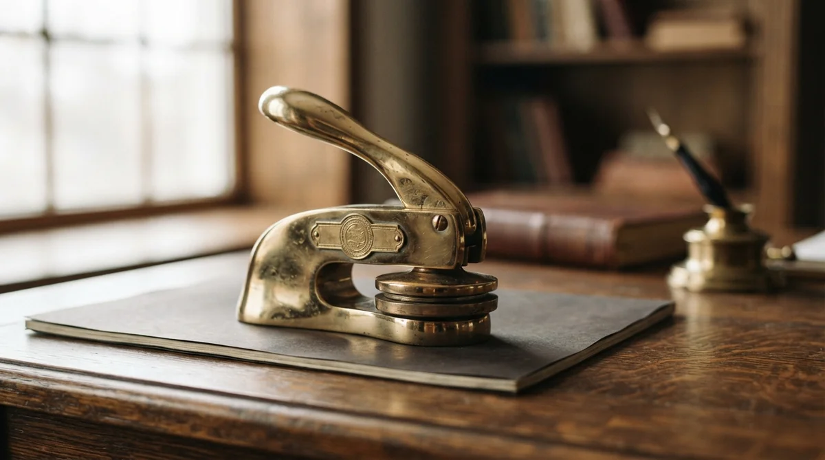 A brass manual embossing seal sits on a document atop a wooden desk near a window