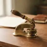 A polished brass notary embosser, in sharp focus, resting on a warm, smooth wooden desk