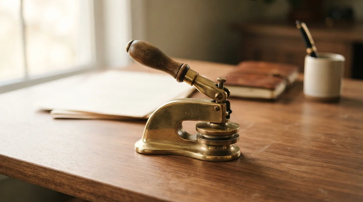 A polished brass notary embosser, in sharp focus, resting on a warm, smooth wooden desk