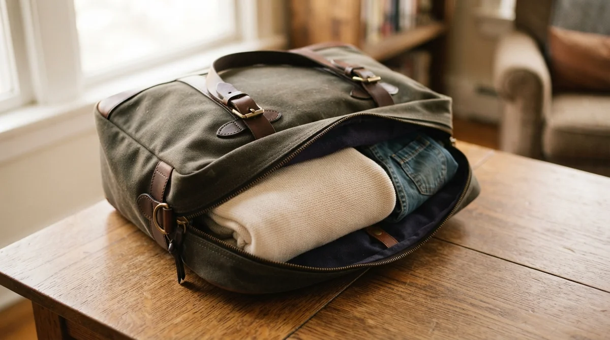 An open olive green waxed canvas duffel bag containing a white sweater and blue jeans sits on a table