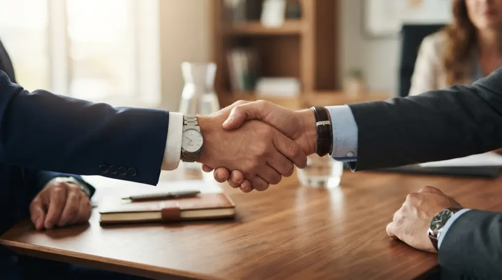 A close-up detail of a firm, professional handshake between two individuals over a warm, polished executive desk