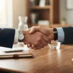 A close-up detail of a firm, professional handshake between two individuals over a warm, polished executive desk