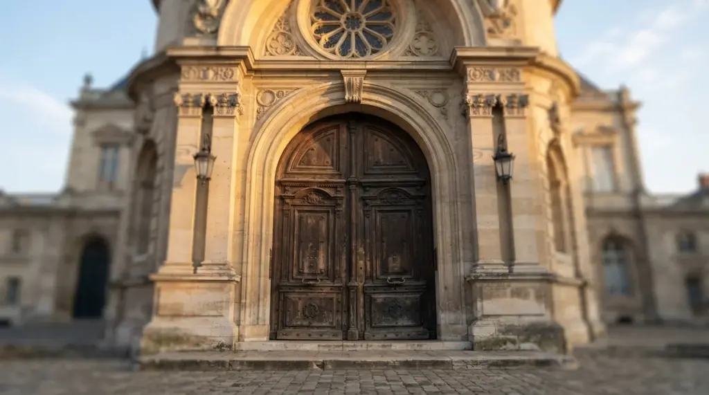 Exterior of a grand, classic civic building, framed by warm morning light