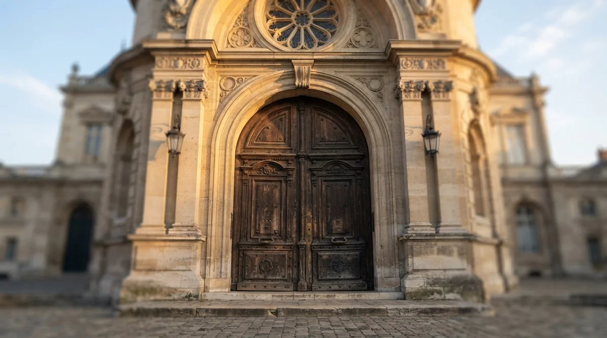 Exterior of a grand, classic civic building, framed by warm morning light
