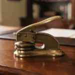 A sturdy, classic brass notary embosser, closed and resting centered on a clean, polished dark wood desk